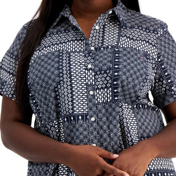 Tommy Hilfiger Plus Size Button-Front Camp Shirt – Sky Captain/Ivory 1X NWT - Picture 4 of 5